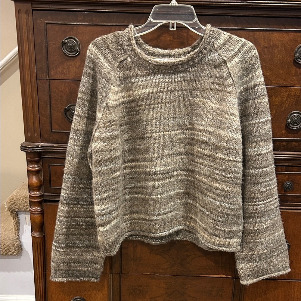 Madewell Wool Blend Gray and Tan Knit Striped Crewneck Women's L